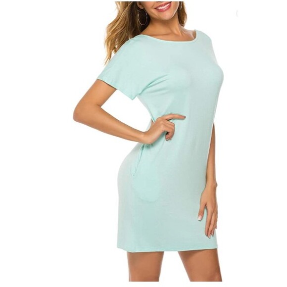 Mint Blue Dress With Pockets Criss Cross Short Sleeve Beach Tunic T Shirt Dress - Picture 3 of 12